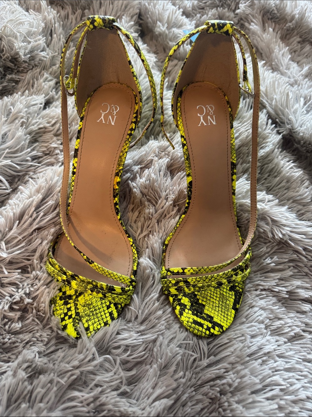New York & Company Neon Yellow Snakeskin Ankle-Tie Stilettos- Size 8